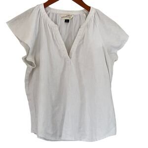 White Linen Blend Short Ruffle Sleeve V-Neck Blouse/Top, Size XS